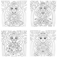 Cute kawaii fairy with sparkling wings isolated on white background outline coloring page for kids vector