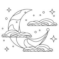 cute moon sleeping with clouds lineart on white background vector
