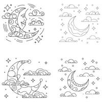 Contour groovy moon and clouds illustration in 70s and 60s style. Vintage hippie line art crescent with face. Psychedelic art. coloring page. vector