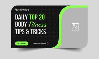 Body fitness tips and tricks thumbnail banner design, daily exercise techniques cover banner design, fully customizable eps 10 file format vector