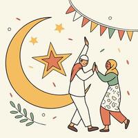 a drawing of a couple and a moon with a star on it vector