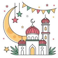 a drawing of a mosque with a moon and flags. vector