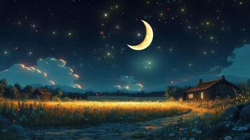 un anime villaggio a notte con Lucciole nel un' campo, un' luminosa Luna, splendente stelle, e un' Casa di un' flusso. ciclo continuo animazione video