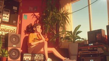 An anime girl sitting on a couch in a room with bright sunlight streaming through a window, surrounded by speakers and a record player. Loop video