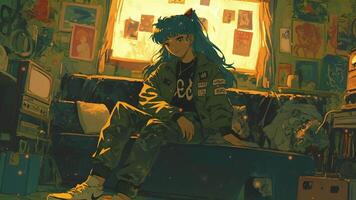 An anime girl sitting on a couch in a room with bright sunlight streaming through a window, wearing clothes in a military style. Loop video