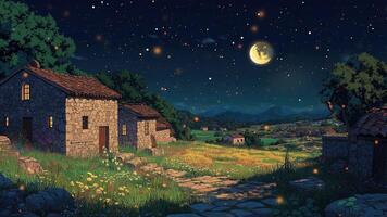 An anime village at night with fireflies in a field, a bright moon, shining stars, and a house by a stream. Loop animation video