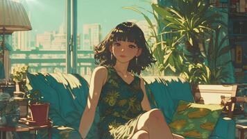 un anime niña sentado en un sofá en un habitación lleno con plantas, con brillante luz de sol transmisión mediante un ventana. lazo video