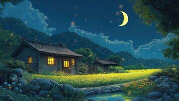 An anime village at night with fireflies in a field, a bright moon, shining stars, and a house by a stream. Loop animation video