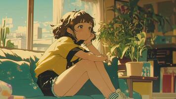 un anime niña sentado en un sofá en un habitación lleno con plantas, con brillante luz de sol transmisión mediante un ventana. lazo video