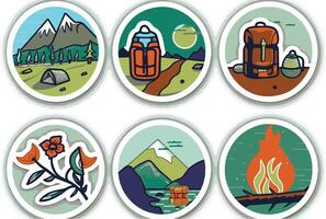 Set of stickers with camping and hiking scenes vector