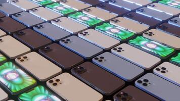 Row rotaiting of Group smartphones on dark backround. Seamless loop. 3d render. video
