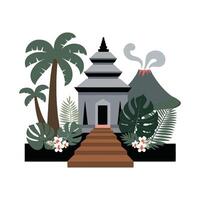 a temple with palm trees and a volcano vector