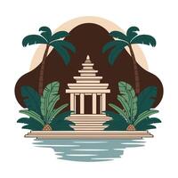 An illustration of a temple with palm trees and water vector