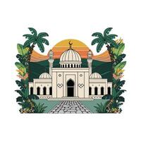 An illustration of a mosque with palm trees and a sunset vector