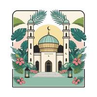 Islamic mosque with palm trees and lanterns vector