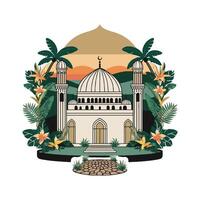 An illustration of a mosque with palm trees and flowers vector