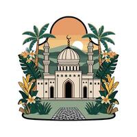 Islamic mosque with palm trees and mountains vector