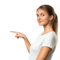 Confident Woman Gesturing to the Side in a Fashionable Setting on Transparent Background png