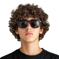 Teenager Boy with Curly Hair and Sunglasses for Summer Vibes on Transparent Background png