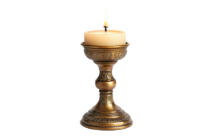 Elegant brass candle holder with lit candle creating a warm ambiance in a cozy setting png