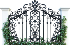 Decorative wrought iron gate adorned with ivy in a serene garden setting png