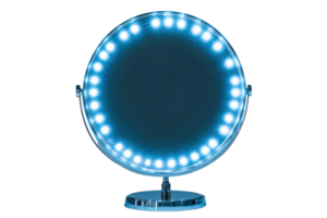 Stylish round mirror with LED lights perfect for makeup application in modern vanity setup png