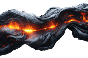 Lava flow winding through rugged terrain with glowing, molten rock during volcanic activity in a remote landscape png