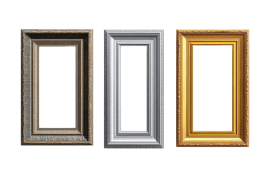 Three empty picture frames on a white background showcasing different ornate styles and colors for artistic display png