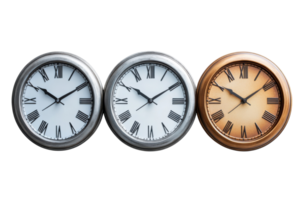 Wall clocks in various styles showcasing different colors and designs in a decorative arrangement png