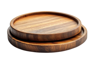 Wooden serving trays stack neatly on a table, showcasing natural patterns and textures for elegant dining experiences png
