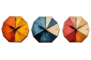 Unique octagonal wall clocks in vibrant colors showcasing modern design and craftsmanship png