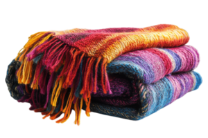 Vibrant, handwoven blankets showcasing intricate patterns and bright colors stacked together in a cozy display png