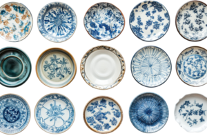 Decorative ceramic plates arranged in a grid showcasing intricate designs and patterns png