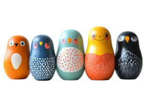 Colorful nesting dolls designed as cheerful birds displayed in a row on a plain background png