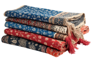 Colorful woven textiles stacked neatly for display in a craft shop in a market setting png