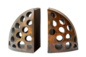 Unique decorative bookends with a vintage metallic finish, perfect for organizing books on a shelf or desk png