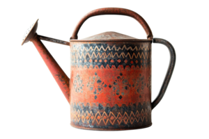 Rustic watering can with vibrant patterns displayed against a plain background png