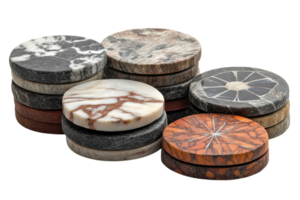 Collection of stylish stone coasters in various patterns and colors displayed on a white surface png