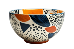Decorative ceramic bowl with abstract patterns in vibrant colors displayed against a neutral background png