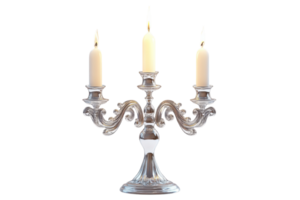Elegant silver candelabra with three lit candles set against a bright background png