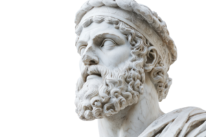 Detailed sculpture of a classical figure with elaborate beard and headband, symbolizing strength and valor in ancient art png