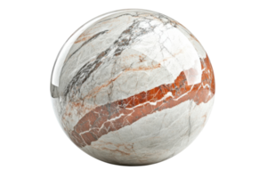 Marble sphere featuring intricate patterns in shades of gray and red placed on a white background png
