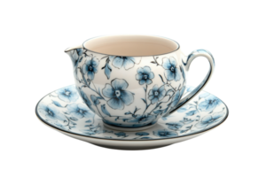 Elegant porcelain creamer and saucer set with floral design on white background for tea time gatherings png