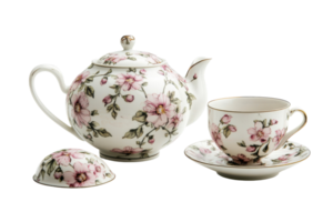 Elegant floral china tea set with teapot, cup, and saucer for afternoon gatherings and special occasions in a cozy setting png