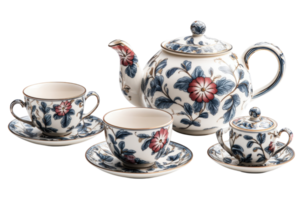 Elegant porcelain tea set displayed on a white background with floral patterns and intricate detailing png