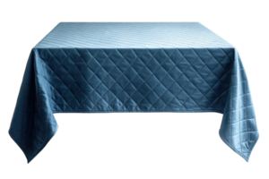 Table with a blue quilted tablecloth for home dining or event decoration in a contemporary setting png