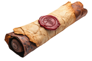Ancient scroll with wax seal resting on a textured surface showcasing historical craftsmanship and details png