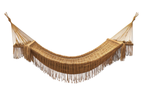 Hammock woven from natural fibers ideal for relaxing in a garden or patio during warm summer afternoons png