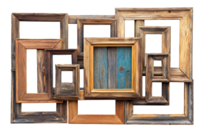Collection of rustic wooden frames arranged creatively in various sizes for artistic display png