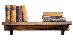 Collection of vintage books displayed on a rustic wooden shelf in a cozy room setting png